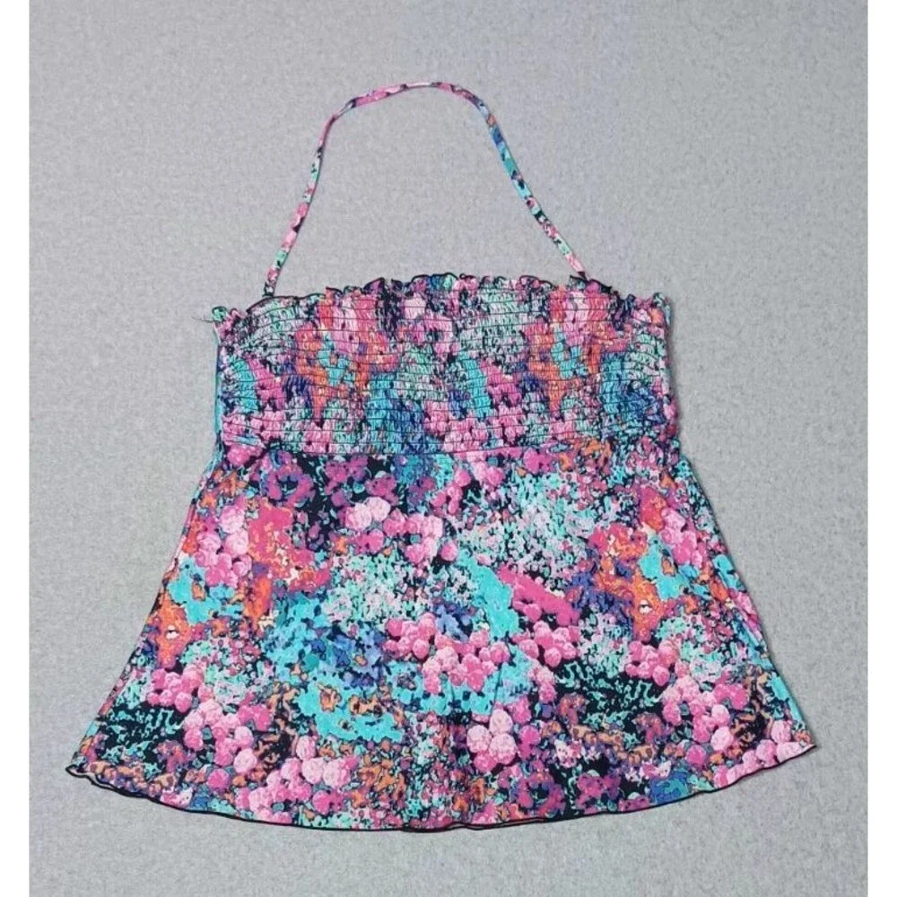 Kenneth Cole Reaction Bandeau Tankini Top L Watercolor Halter Smocked Swimsuit